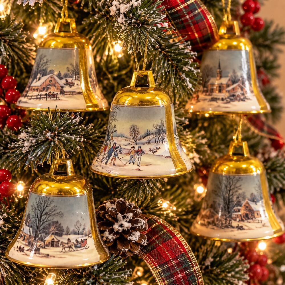 Currier Ives Winter Scene Bell Christmas Ornaments Vintage Plastic 2.5 In Set 6